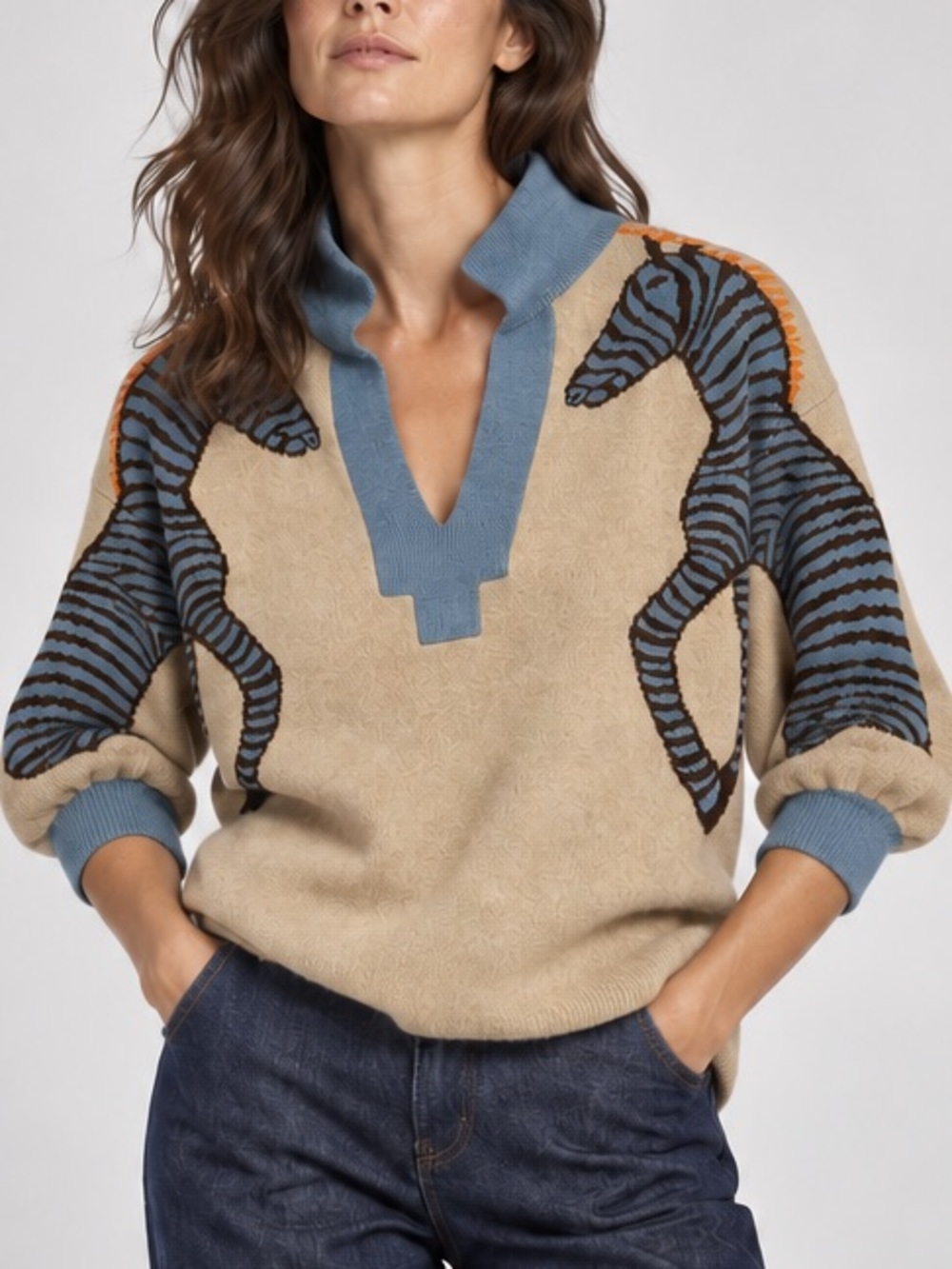 New Patty Kim Zebra Jacquard Knit Sweater in Tan and Blue